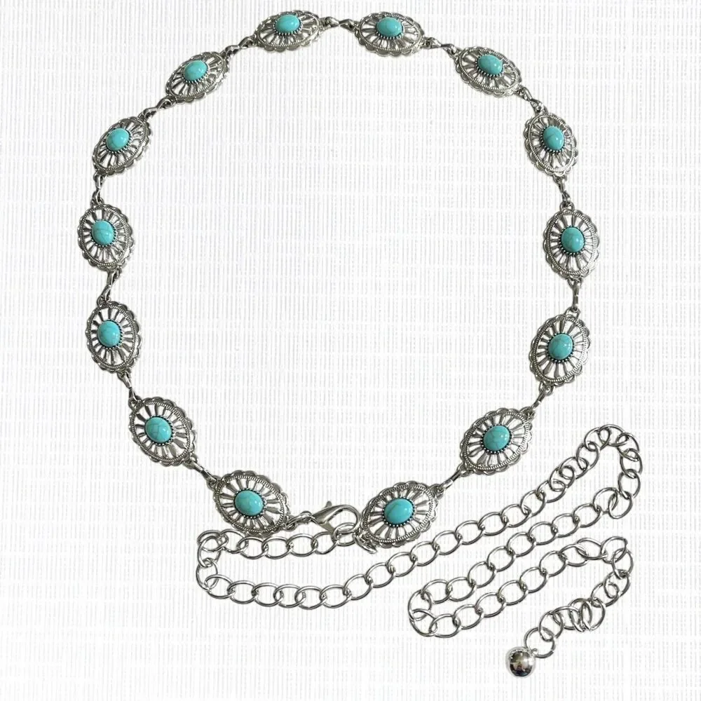 Womens Concho Chain Belt Silver Tone Turquoise Blue Faux Stone Accents 44 inch